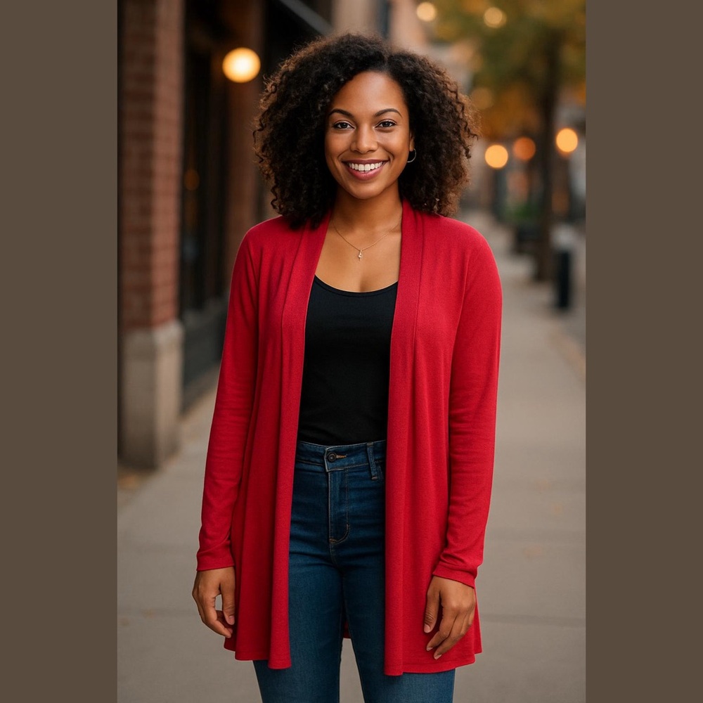 J.Jill Wearever Cranberry Red Open Front Cardigan XL Soft Stretch Travel Knit